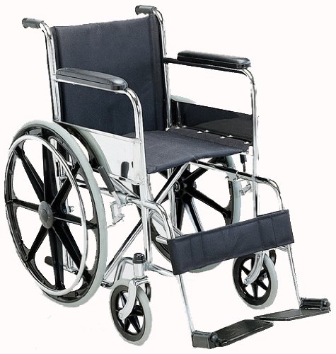 18″ Wide Seat Wheelchair with Padded Armrest, Footrests, Solid Castors and Large Rear Wheels.