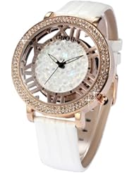 Rose Gold Case Transparent Crystal Lady Women White Leather Quartz Wrist Watch WK1149