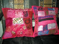 2 Pink Embroidered Sari Patchwork Pillows Cushion Covers 16"