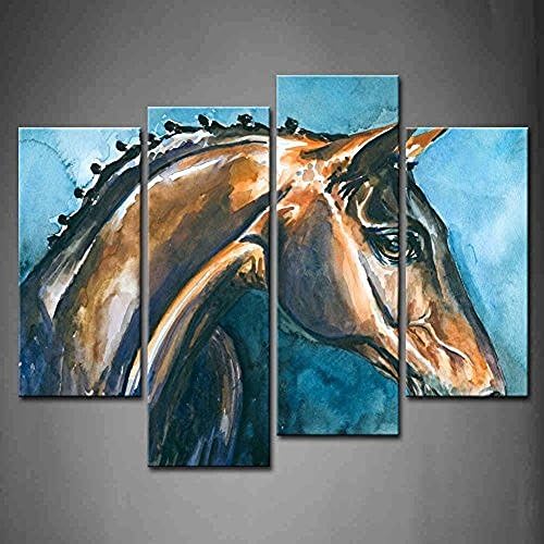 4 Panel Wall Art Portrait Of Horse In Blue Background Painting Pictures Print On Canvas Animal The Picture piece Ready To Hang