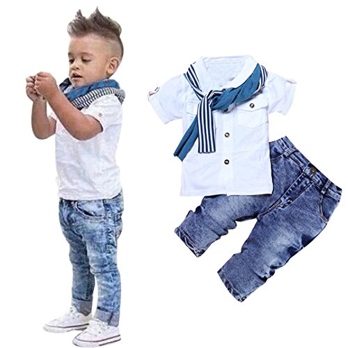 Efaster® 1Set Kids Baby Boys Short Sleeve T-Shirt Tops+Scarf+Trousers Clothes Outfits