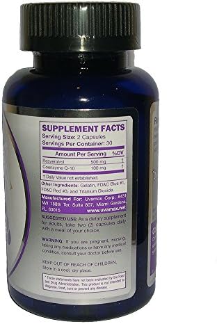 FREE SHIPPING - UVAMAX 2 IN 1 CAPSULE - COQ10 & RESVERATROL - ULTRA POWERFUL 600MG - - 60 COUNTS - MADE IN THE USA IN AN GMP & FDA APPROVED FACILITY.
