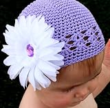 Lavender Crochet Baby Hat with a White Daisy and Lavender Rhinestone Detachable Flower
