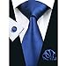 Hi-Tie Mens Blue Striped Solid Plaid Paisley Silk Tie Hanky Cufflinks set