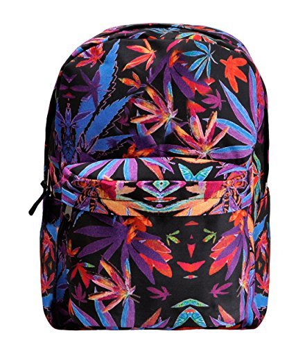 ZLYC Women Girls Colorful Maple Leaf Weed Print Casual Travel Rucksack Canvas School Backpack Multi