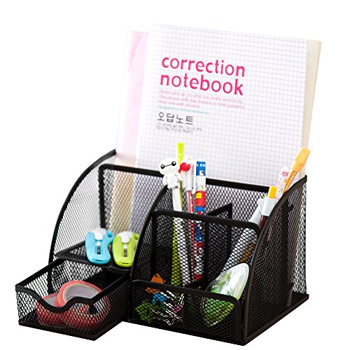 Annstory, Home Office Mesh 1- Drawer Tray Desktop Organizer with 6 Compartments, Black