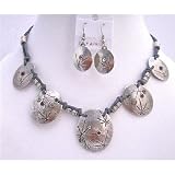 Ns210 Victorian Choker Silver Metal Beads Jewelry Set Accented in Polyster Thick Chord Ethnic Necklace Set