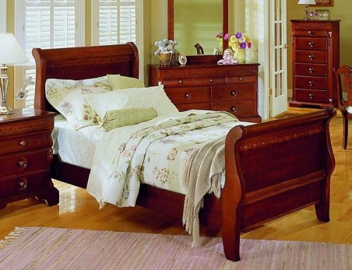 Classic Traditional Cherry Finish Twin Size Sleigh Bed