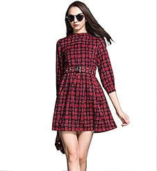 Above the Knee 3/4 Sleeves Plaid Print Belted Cotton/Polyester  Shirt Mini Dress 