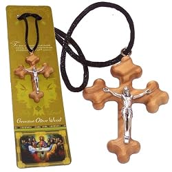Byzantine olive wood extra-Smoothed Crucifix necklace ( 2 inches or 5 cm) - Necklace length is adjustable. With Certificate.