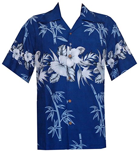 Hawaiian Shirt Mens Bamboo Tree Printed Beach Aloha Party Camp Blue L