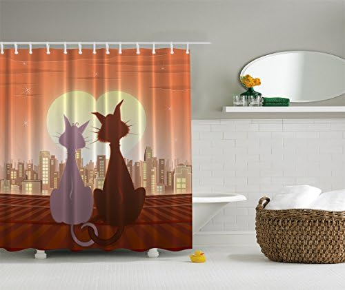 Designer's Collection Digital Graphic Print Honeymoon Cats Shower Curtain Set Non Vinyl Bath Waterproof Fabric Resistant includes hooks 4860 Exclusive Design