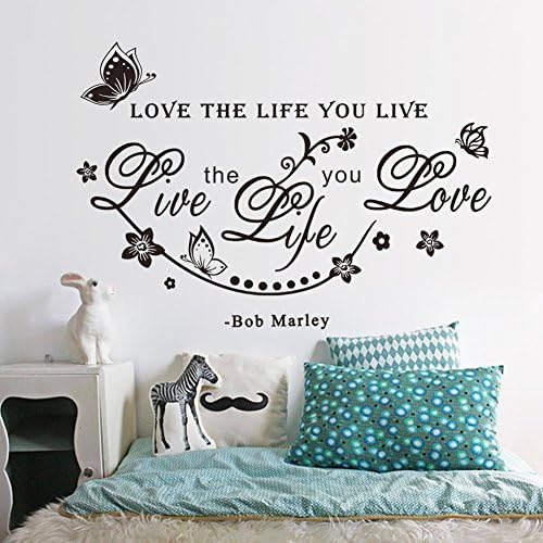 MLMSZ English Proverbs Butterfly Flower Vine Bob Marley "Love the Life You Live" Gangsta Girls Waterproof Removable Vinyl Wall Stickers (Black)