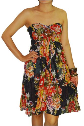 New Bohemian Styles - Women's Flower Pattern Lightweight Cotton Sun Dress, Black