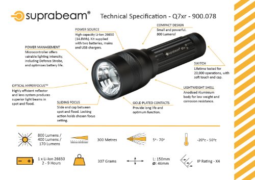 Q7xr RECHARGEABLE torch - 800 lumens - Li-Ion, 2 batteries, USB charger - 5 year guarantee