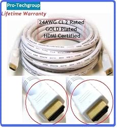 Pro-Techgroup Profesional Quality 25 ft HDMI 1.3 24AWG Category 2 CL2 rated Gold plated - 10.2 Gbps 1080p Deep Color - White