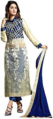 Shelina Faux Georgette Partywear Dress In Off White & Blue