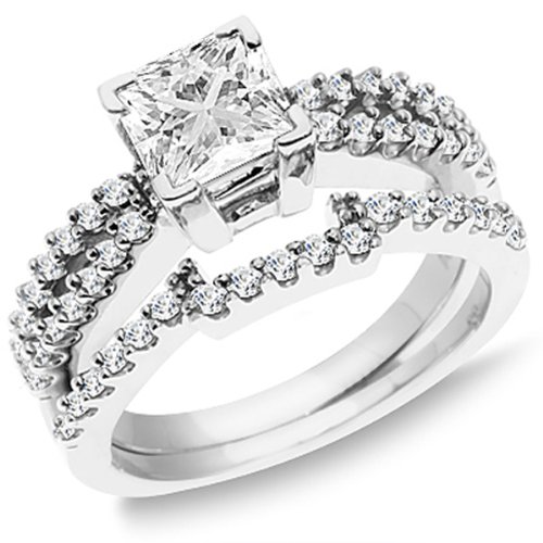 Sales 14K White Gold Princess & Round White Diamond Semi Mount Engagement Bridal Ring Set (0.62 CT, H-I Color, I1-I2 Clarity) Center not included
