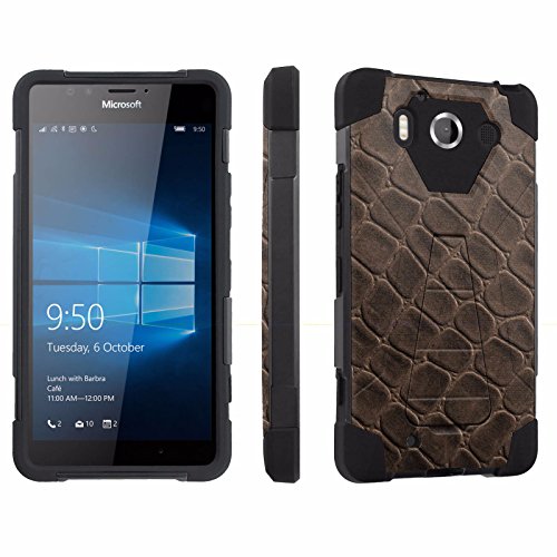 [SkinGuardz] Case for Microsoft Lumia 950 Black/Black [Advance Defender Armor Case with KickStand] - [Brown Leather]