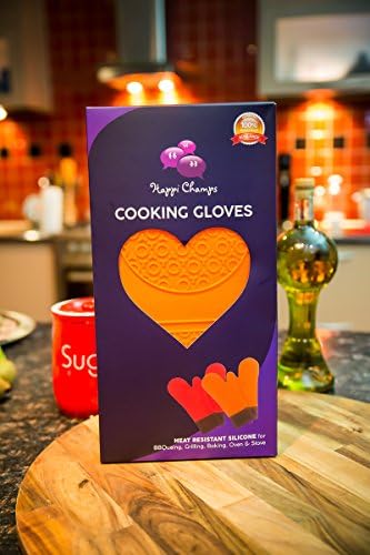 Cooking Gloves-Heat Resistant Silicone for BBQ'ing,Grilling,Baking,Oven &amp; Stove by 'Happi Champs'. Easy to Clean &amp; Comfortable,Extra Length for Protection from Burns ! (1, Orange)