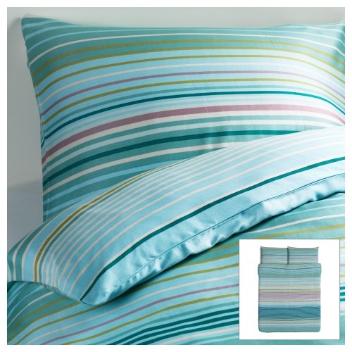 Ikea PALMLILJA Duvet covers Blue Turquoise 3pc Queen Duvet Covers Stripe, Cotton Lyocell 207 TC