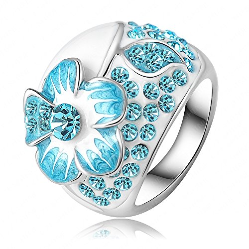 AnaZoz Jewelry 18K Gold Plated Enamel SWA Elements Ring Platinum Plated Blue Austrian Crystal Flower Rings