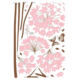 Easy Instant Decoration Wall Sticker Decal - Long Stem Pink Flower Butterfly Petals