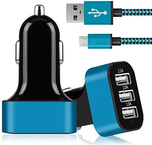 ELMASA 2 in 1 3 Port USB 5.1A Car Charger Aluminum Panel Compact Designed for iPhone iPad Samsung Galaxy Asus Huawei Android Smartphones Tablet Pc Gopro + Micro USB 2.0 Cable High Speed Fast Sturdy Durable Fabric Braided Nylon Fiber Jacket with Metal Plated Gold Aluminium Shell Housing Head Connectors Micro USB to USB Charging Data Phone Cable Cord, for Samsung Galaxy Note 1/2/4 S3/S4/S6 Edge Tab and Most Android Phones Tablets and Windows Phones - Blue