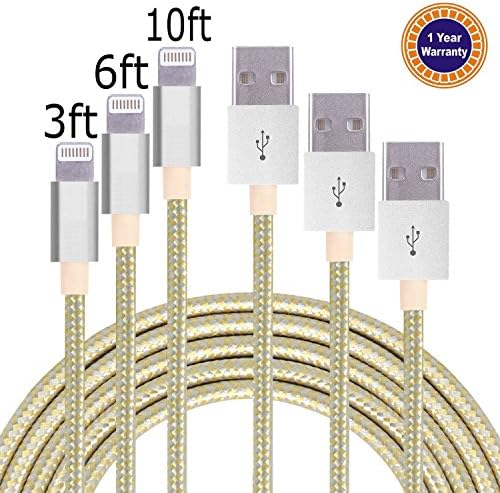 Jricoo 3pcs 3FT 6FT 10FT Lightning Cable Popular Nylon Braided Charing Cable Extra Long USB Cord for iphone 6s, SE, 6s plus, 6plus, 6,5s 5c 5,iPad Mini, Air,iPad5,iPod on iOS9.(silver+gold).