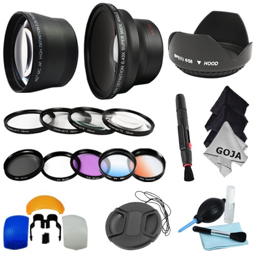 Essential Kit for CANON REBEL (T3i T3 T2i T2 T1i XTi XT XSi XS), CANON EOS (1100D 600D 550D 500D 450D 400D 350D 300D) Includes: 58mm .43x Super Wide Angle & 2.0x Telephoto High Definition Lenses + Filter Kit (UV, Polarizing, Fluorescent) + Macro Close Up Set + Tulip Flower Lens Hood + Center Pinch Lens Cap + 2 Graduated Color Filters (Warming, Blue) + Flash Diffuser Set + Deluxe Cleaning Kit + Lens Cleaning Pen + 3 Premium Goja Microfiber Cleaning Cloths