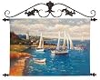Sailboats in the Harbor Hand Painted Canvas Wall Art with Metal Wall Medallion (42.5x34 inches)