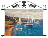 Sailboats in the Harbor Hand Painted Canvas Wall Art with Metal Wall Medallion (42.5x34 inches)