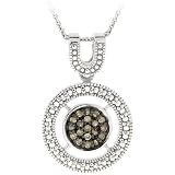 Sterling Silver 1/5ct TDW Champagne Diamond Double Circle Pendant Necklace
