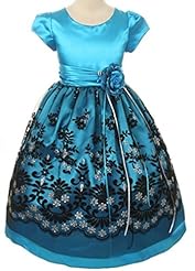 Satin Lace-Up Embroidered Glittering Mesh Tea Length  Dress With a Sash 