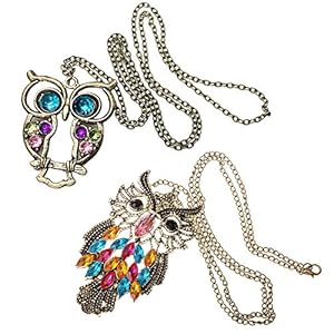 Amazing Value Jewelry Set of 2 Long Chain Vintage Bronze Owl Pendants Necklaces By VAGA®