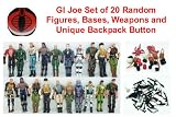 GI Joe and Cobra 21 Piece Random Army Hero Action Figure Play Set Featuring 20 Figures 3 3/4 Size, Figure Bases, and Various Weapons Including Guns, Knives, and Other Accessories and Unique GI Joe Backpack Button