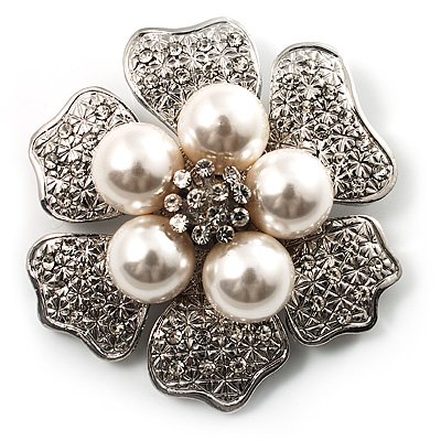 6-Petal Pearl Style Floral Brooch:6-Petal Pearl Style Floral Brooch (Silver&White)