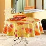 Nappe Toile ciree fleur/feuille jaune ronde diametre 160cm