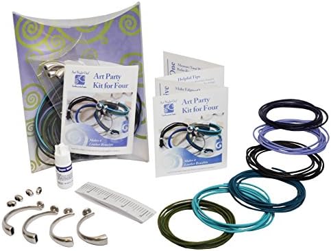 Art Night Out Party Kit for 4 People Makes 4 Leather Bracelets with Half Bracelet Clasp in Silver with Cool Colors in 2mm round leather