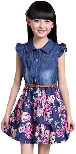 ISNOWKING Little Girl Floral Ruffle Sleeve Denim Princess Party Dress (120, Dark Blue)