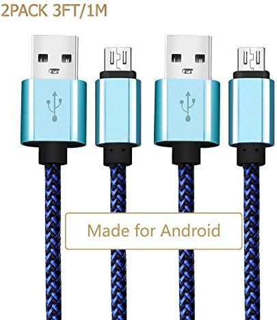 Micro USB Cable,[2-Pack] 3''ft/1m flat Premium Durable Nylon Braided Tangle-free High Speed Data Sync Charger cord with Aluminum Heads for Android Samsung HTC Motorola and More (Blue)
