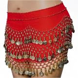 SEXY BELLY DANCER COSTUME HIP SCARF - RED WITH GOLD COINS