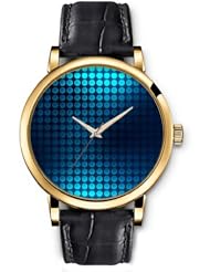 SPRAWL Aanalog Fashion Series Gold Ladies Watches of Genuine Black Leather Strap,Unique Wrist Watch for Women Girls Designed with Cyan blue circles on dark background