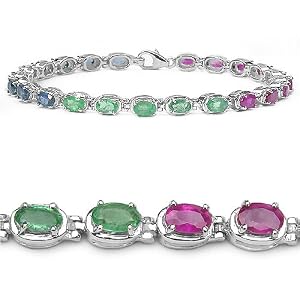 7.65 Carat Genuine Emerald, Ruby and Sapphire Silver Bracelet With Rhodium... by