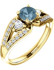 18K Yellow Gold Round Cut Blue and White Diamond Ring -- LIFETIME WARRANTY