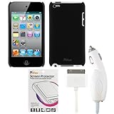 IMAGE OF EZOPower Rapid White Car Charger + Black Rubberized Hard Protector Cover Case + Clear LCD Screen Protector for Apple iPod Touch Itouch 4G 4th Generation