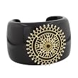 14k Yellow Gold Plated Sunburst Design with Onyx & Crystal Accents on Black Resin Cuff Bracelet