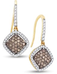10K Yellow and White Two 2 Tone Gold Round Brilliant Cut Chocolate Brown and White Diamond - Diamond Shape Halo Channel Set Dangle Earrings - (.64 cttw.)