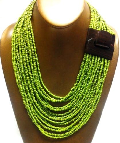 2-6 Day Delivery- Multiple Colors Available, Including Metallic Colors Handmade Beaded Balinese Bracelet or Necklace, with Natural Wood Hook Buckle Closure Multi Strand Glass Beaded Jewelry Trendy Unique Design Modern Indonesian Fashion Accessory from Bali (Necklace, Lime Antik)