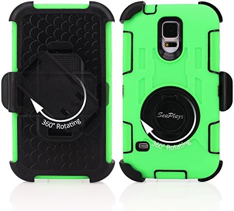 Galaxy S5 Case, S5 Case, Seaplays Shockproof Hybrid Rugged Samsung Galaxy S5 Case Rubber Three Layer Holster Cover Case for Samsung Galaxy S5 with Built-in Rotating Stand and Belt Swivel Clip (Green)